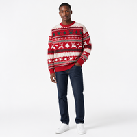 Pull en maille personnalisé avec logo pour homme, motif Fair Isle rouge, col rond, épaules tombantes, coupe longue, en polyester, idéal pour l'automne et l'hiver