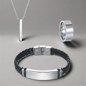 SongFu Engrave Logo Simple Conjunto de joyería para hombre 3 piezas Conjunto Collar Pulsera Anillo Acero inoxidable Negro Pu Pulsera de cuero - Product Image 1