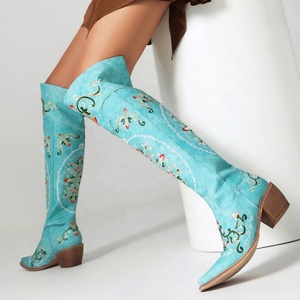 Women Floral Embroidered Over Knee High Boots Ladies Low 6cm Wedge Heels <b>Shoes</b> Pointed Toe Flower Long Booties - Product Image 3