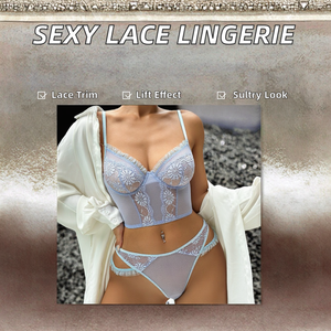 Ensemble de lingerie sexy pour femme : string taille basse avec bretelles réglables, soutien-gorge 3/4 à armatures, respirant, broderie en dentelle - Product Image 2