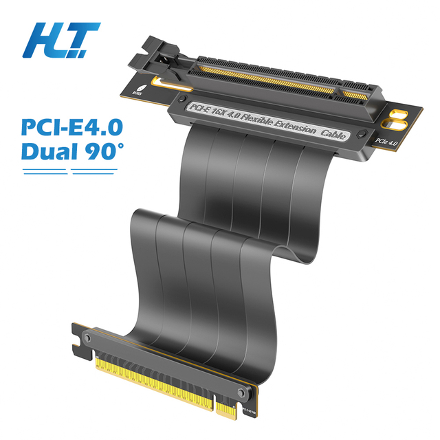 PCIe 4.0 16X EMI Shielded High Speed 32Gbps GPU Riser Cable Dual 90 Flexible Extension 20cm Desktop Application