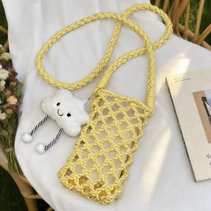 Yellow Crochet Mesh Shoulder <b>Bag</b> With Cloud Charm <b>Boho</b> Style Summer Beach Tote Open Top Single Strap Handmade Design - Product Image 1