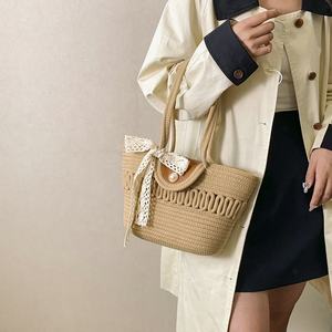 Bolsos de algodón tejido para la playa de verano, bolso tipo cubo de gran capacidad para mujer, bolso cruzado de un solo hombro a la moda, bolsos de compras para mujer - Product Image 3