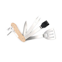 Outils de barbecue multifonctionnels 6 en 1, ouvre-bouteille, spatule à fentes, brosse à huile, fourchette à barbecue, couteau en acier inoxydable avec manche en bois