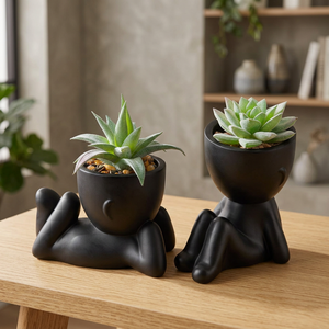 Black Humanoid Succulent <b>Planters</b> Desk Decor Set of 2 Indoor <b>Plastic</b> Durable Artistic Design - Product Image 4