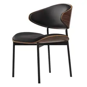 Nordic Midcentury design modern dining room metal leg black leather armless walnut bent wood vintage leather cafe hotel chairs