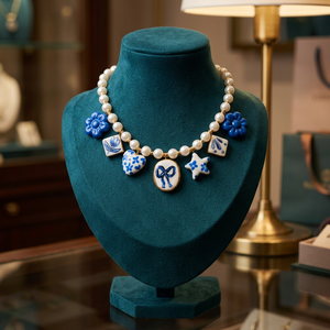 Collier élégant avec pendentif en perles de céramique blanches et cœur en émail bleu - Product Image 2
