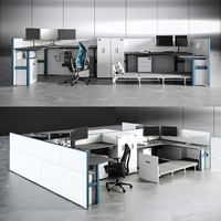 Poste de travail modulaire pour 4 personnes en forme de L avec écran de confidentialité et armoire de classement pour le bureau