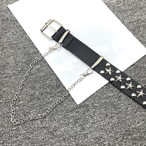 <span class=keywords><strong>Ceinture</strong></span> large de 3,8 cm en <span class=keywords><strong>cuir</strong></span> PU pour <span class=keywords><strong>femme</strong></span>, style gothique punk, avec <span class=keywords><strong>boucle</strong></span> à ardillon double à épingles, cloutée d'étoiles et chaînes métalliques - Product Image 3