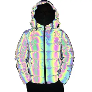 New Fashion Men's Rainbow Reflective Jacket Removable Hood Outdoor Reflective Custom Cotton Down padded Puffer Jackets
