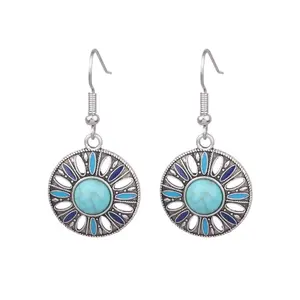 2023 Wholesale Indian Bollywood Jewelry Oxidized Silver Dangling Charms Dangling Statement Hook Earrings Turquoise Earrings Gir