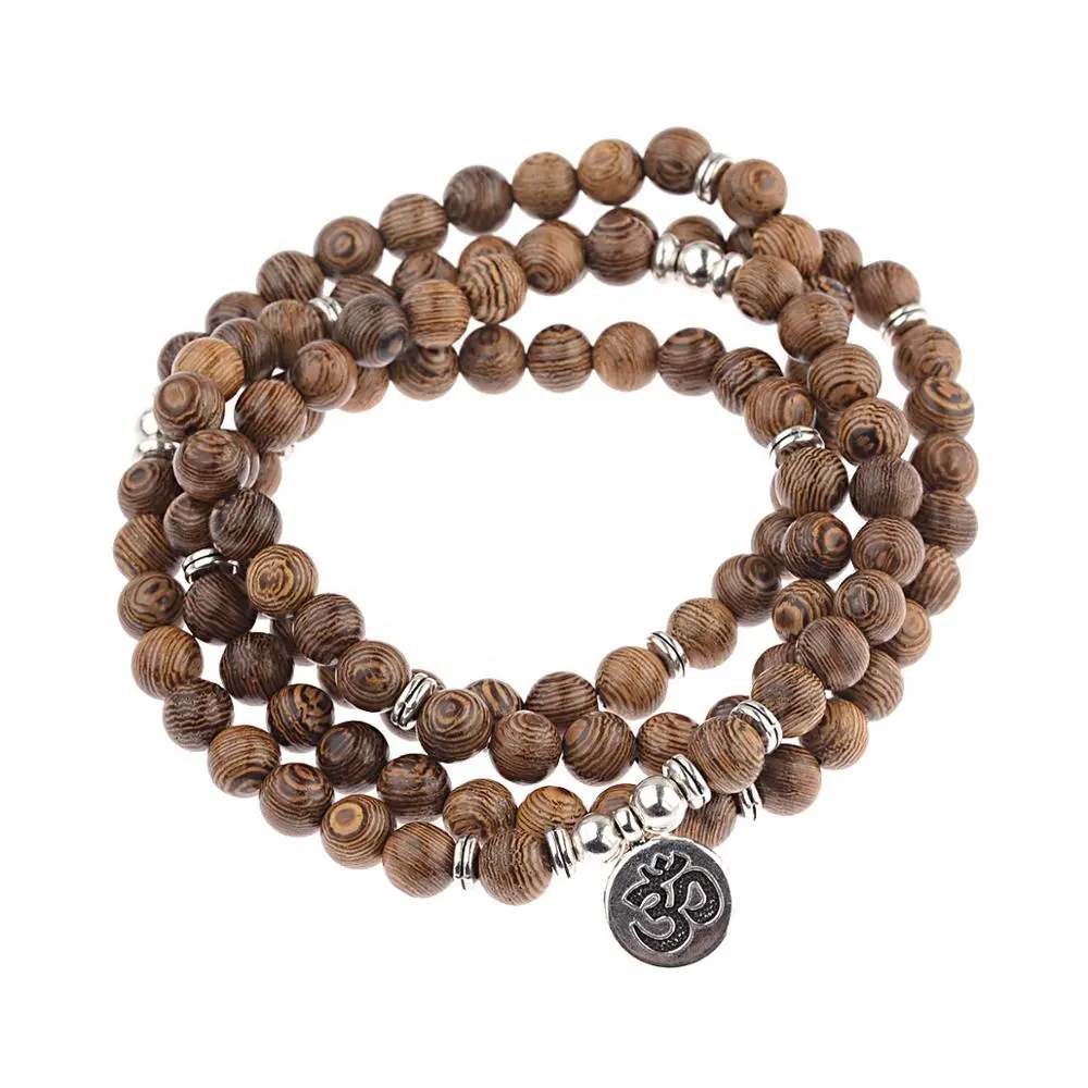 Multilayer 108 Manik-manik Kayu Lotus OM Gelang Tibet Buddha Mala Buddha Jimat Rosario Gelang Yoga Kayu untuk Wanita Pria Perhiasan