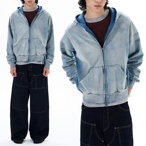 KingSen OEM Sweat à capuche zippé pour homme, hiver, délavé à l'acide, brodé, effet vieilli, en molleton bouclette 100% coton, coupe ample, respirant - Product Image 5