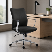 Chaise de conférence en cuir PU noir (avec dossier rembourré, accoudoirs fixes et roulettes pivotantes)