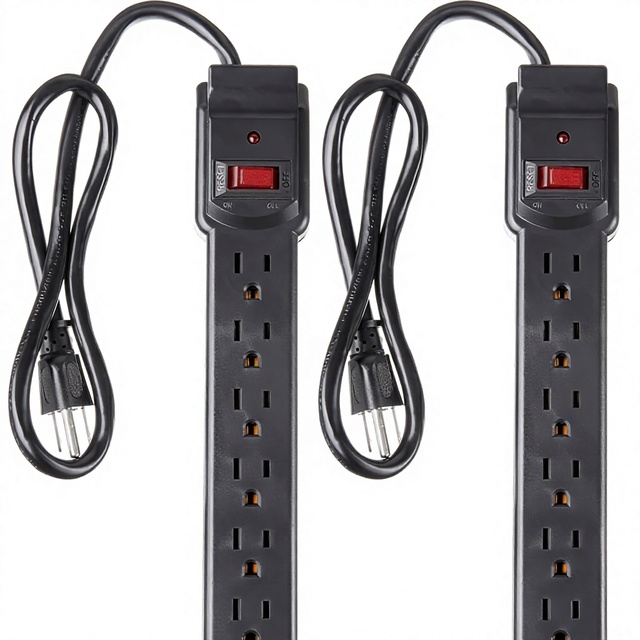 For Basics 6-Outlet Surge Protector Power Strip 15A 200J Protection LED Indicator Circuit Breaker 2ft Extension Cord Black