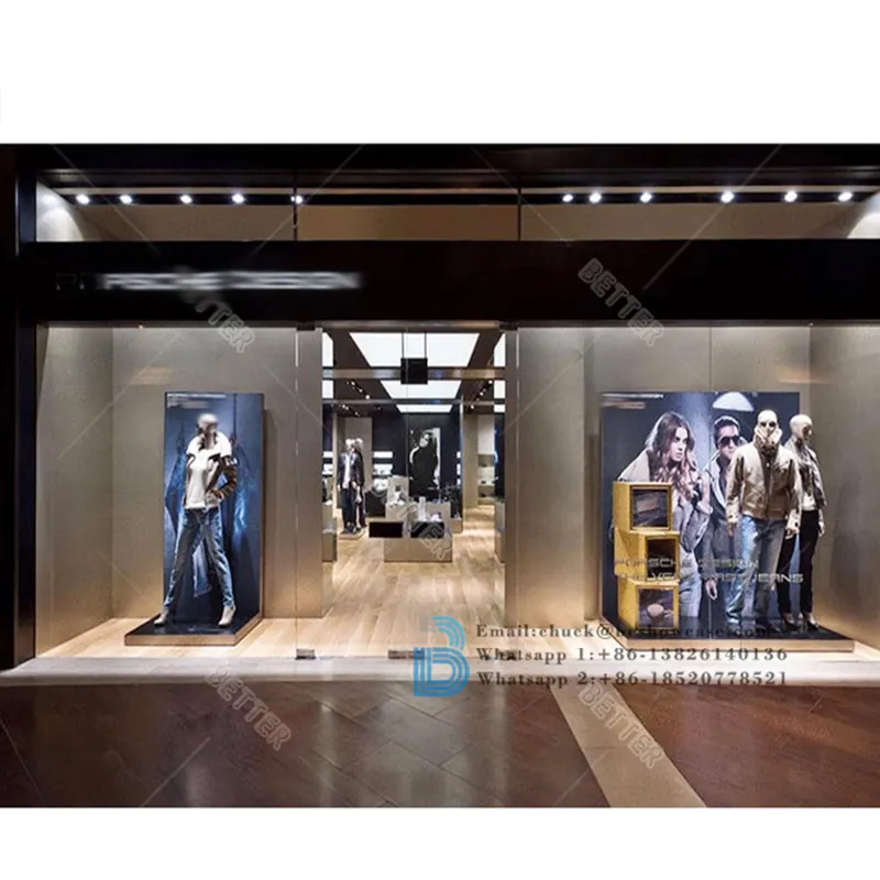 Magasin de détail luminaire vêtements suspendus conception de boutique personnalisée métal or vêtements robe présentoir