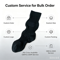 Chaussettes en coton côtelées noires décontractées pour femmes, multi-usages, mi-mollet, style empilé, personnalisables OEM avec logo couleur