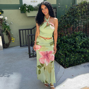 Conjunto de Vestido de Verano Fresco Estampado para <span class=keywords><strong>Mujer</strong></span>, Estilo Europeo y Americano, de Dos Piezas, con Cuello Cruzado y Espalda Descubierta, a la Moda, para Ocio y Playa - Product Image 1