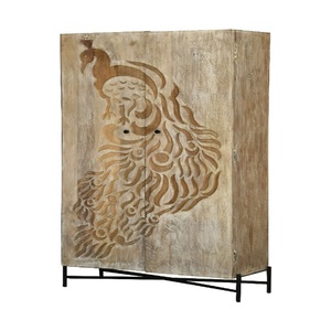 Hand-Carved Wooden <b>Wardrobe</b> Almirah with Peacock Design | Solid Wood 2-Door <b>Storage</b> Cabinet with Metal Base - Product Image 4