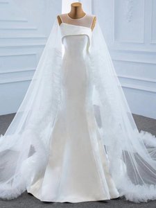 Robe de mariée sirène minimaliste sans manches en satin <span class=keywords><strong>avec</strong></span> traîne chapelle et <span class=keywords><strong>voile</strong></span> en tulle aérien pour mariages modernes - Product Image 4