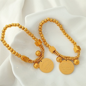 Bracelets en acier inoxydable personnalisés délicats, pendentif rond doré, chaîne à perles élastique - Product Image 5