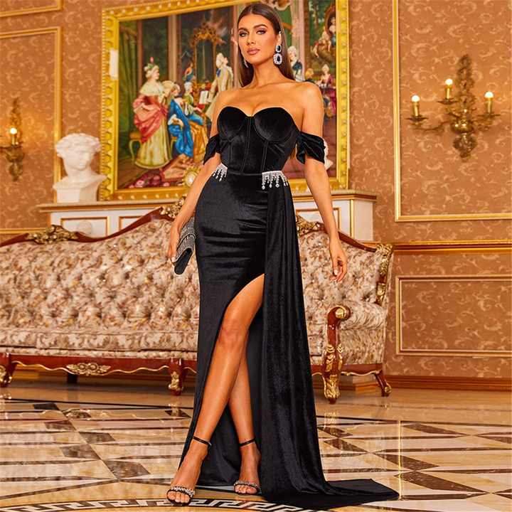 Off Shoulder Side Slit Velvet Fabric Sexy Cheap Stock Long Evening ...