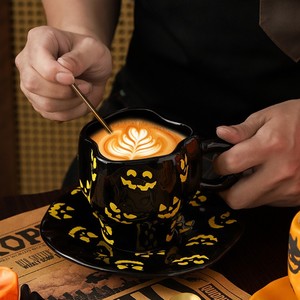 Halloween Ceramic Coffee <strong>Cup</strong> and Saucer, Irregular Design Mug with Pumpkin Bat Pattern - Product Image 4