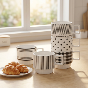 Tasses à boire en céramique et porcelaine géométriques noires et blanches, esthétiques et soigneusement sélectionnées, résistantes aux hautes températures et compatibles lave-vaisselle - Product Image 3