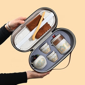 Service à thé de voyage en céramique rétro chinois chic 9 pièces - <span class=keywords><strong>Théière</strong></span> à double paroi <span class=keywords><strong>avec</strong></span> enveloppe en bois isolante, 4 tasses, boîte à thé, plateau et étui - Product Image 2