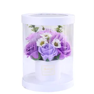 Yapay gül sabunu çiçek el yapımı hediye fabrika özel PET şeffaf yuvarlak kutular korunmuş gül dekoratif çiçek sevgililer