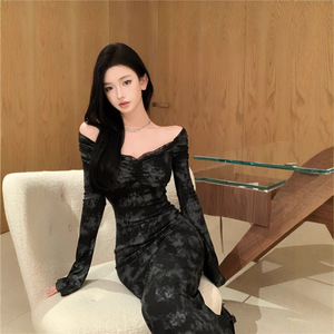Elegant Black Fishtail Pencil Dress Long Skirt Formal Winter Wear City Commuting Tie Dye Splicing Design - Product Image 5