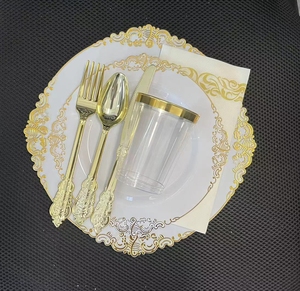 Lot de 175 ensembles de <span class=keywords><strong>vaisselle</strong></span> assiettes blanches avec motif de fleurs d'or pour 25 invités <span class=keywords><strong>vaisselle</strong></span> <span class=keywords><strong>jetable</strong></span> en <span class=keywords><strong>plastique</strong></span> robuste pour la fête - Product Image 1