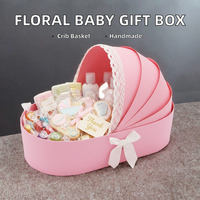 Panier de rangement alimentaire personnalisé en carton rigide, motif floral, pour baby shower, en forme de berceau, avec ruban couleur personnalisée, fait main