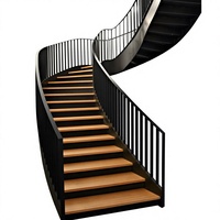 Escalier courbé avec rampes en acier inoxydable revêtu de noir et marches en bois massif, pour usage intérieur, design contemporain durable