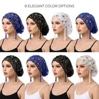 Voile léger en maille brodé main avec ligne dorée, perles multicolores et décorations à pompons – Chapeau de luxe pour femme avec perles, bonnets et hijabs musulmans