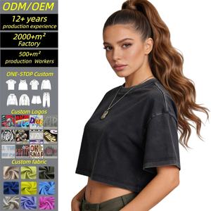 T-shirt court vintage pour femme, nouveau style d'été, lavé, poids lourd 220 g/m², manches courtes, surdimensionné, prix bas, pour streetwear - Product Image 1