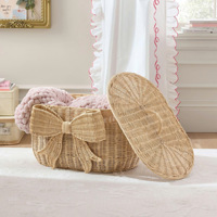 Panier de rangement en rotin PE tressé à la main avec nœud décoratif et couvercle, organisateur pour vêtements, jouets, articles de puériculture et autres articles divers
