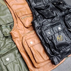 Custom High Quality Casual Fashion Mens Utility Vest Cargo Streetwear <b>Leather</b> Cargo <b>Sleeveless</b> Vest <b>Jackets</b> - Product Image 3