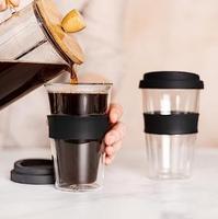Tazweeq Lot de 2 tasses à café en verre borosilicate à double paroi avec couvercles en silicone 14 OZ Rétention de chaleur Anti-fuite Design moderne