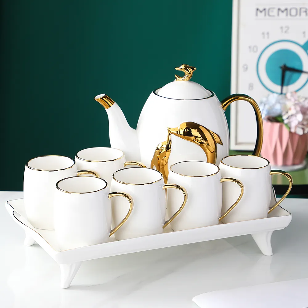 Vàng Rim Gốm Trắng Sứ Tea Set Tea Pot Set Hộp Quà Tặng Gốm Sang Trọng Bộ Trà Với Khay