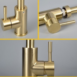 Robinet de cuisine en acier inoxydable 304 doré, finition brossée, grand mélangeur courbé à poignée unique pour lavabo sur comptoir - Product Image 5