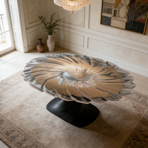 Table à manger <span class=keywords><strong>de</strong></span> luxe en verre artistique, plateau rond en résine transparente à motif tourbillonnant, base sur piédestal moderne et unique, grand meuble <span class=keywords><strong>de</strong></span> villa, pièce maîtresse - Product Image 4
