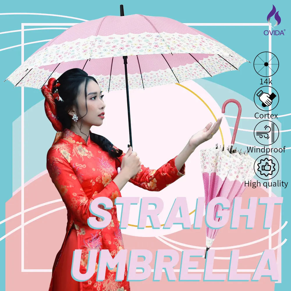 Ovida Auto-open Lady Style Straight Umbrella PU Leather Handle Flower Pattern Printed Fabric Pink Umbrella