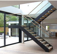 Escalier droit de sécurité préfabriqué avec marches en bois et garde-corps en verre, escalier intérieur avec éclairage LED