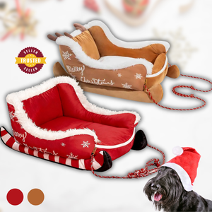 Lit de chien de Noël en forme de traîneau en peluche festif lit chaud pour animaux de compagnie de vacances pour petits chiens et chats - Product Image 1