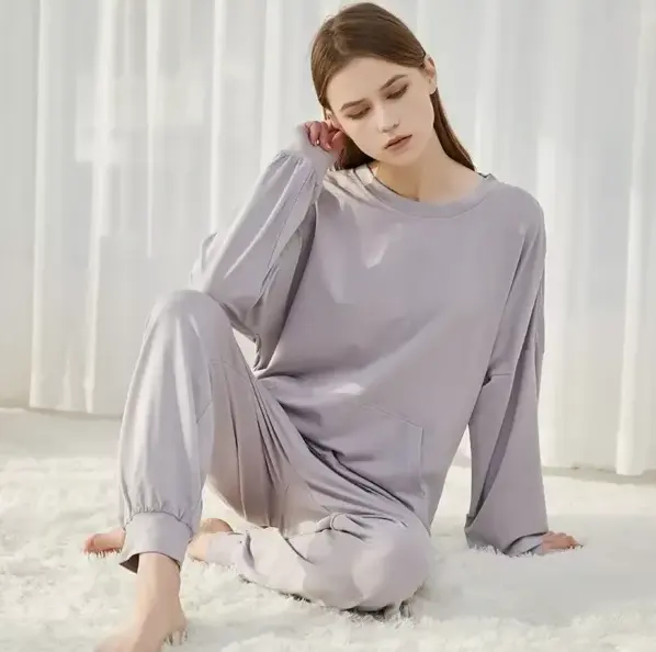 2 Piece Woman Long Pajama Set Wholesale Knitted Organic Bamboo Pajamas Women