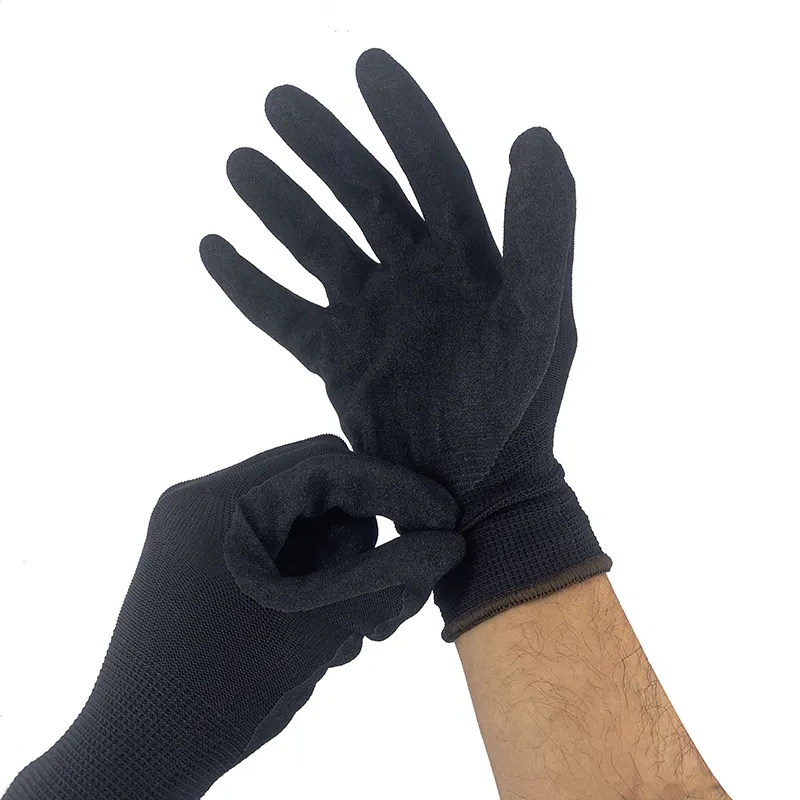 13G Black polyester Black Latex Sandy finish coated work industrial safety gloves