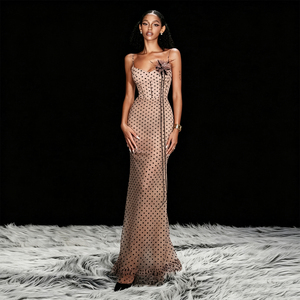 <span class=keywords><strong>Robe</strong></span> longue <span class=keywords><strong>de</strong></span> soirée élégante pour femme, <span class=keywords><strong>rose</strong></span> poudré à pois, avec détails floraux 3D et ourlet sirène - Product Image 2