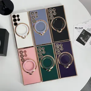 New Product Rotating Magnetic Stand Holder Lens Protection Film Electroplating TPU Phone Case For Samsung S24 S23 Ultra S22