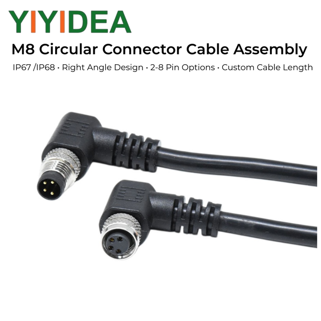 M8 Circular Connector Cable Assembly Right Angle Waterproof Sensor Cable IP67 2-8 Pin Molded Connector Shielded PVC/PUR Jacket